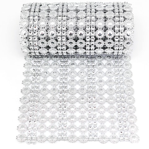 FQTANJU 4.5 Inch x 2 Yards Faux Crystal Rhinestone Mesh Ribbon Flower Shape Sparkling Diamond Mesh Wrap Roll for Wedding Party Decoration, Birthday,Baby Shower,Cakes, Arts Rhinestones Crafts,etc
