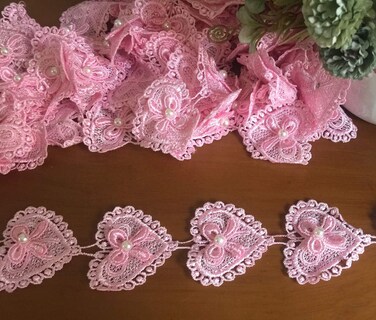 FQTANJU 2 Yard Heart 2" Peach Flour Bow Lace Edge Trim Ribbon Wedding Applique DIY Sewing Crafts