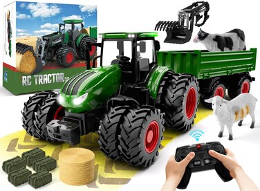 Uarzt Remote Control Tractor Toy, Kids RC Tractor Set &amp; Truck and Trailer Front Loader - Metal Car Head/8 Wheel/Light, Toddlers Farm Vehicle Toys for 3 4 5 6 7 8 9 Year Old Boys Girls Birthday Gift