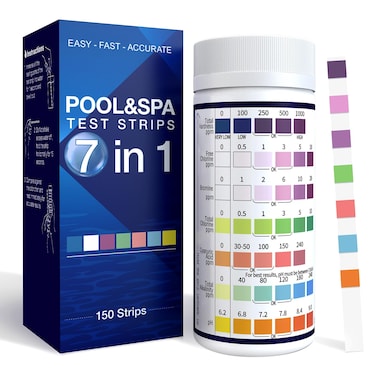 Pool Test Strips 7 in 1, 150 Strips Pool &amp; Hot Tub Test Kit Strips, Pool Essentials Water Chemical Testing for Chlorine, Bromine, pH, Hardness, More, All in One Set   Lab Recommend   Quick Test Way