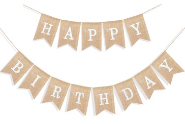 Uniwish Happy Birthday Banner for Birthday Party Decorations, Rustic Burlap Bunting Swallowtail Flags, 2 in 1