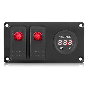 Qiilu 2 Gang 12-24V Marine Boat Rocker Switch Panel Red LED Light with Digitial Voltmeter Gauge Waterproof for Car RV Marine Boat Car Rv Vehicles Truck