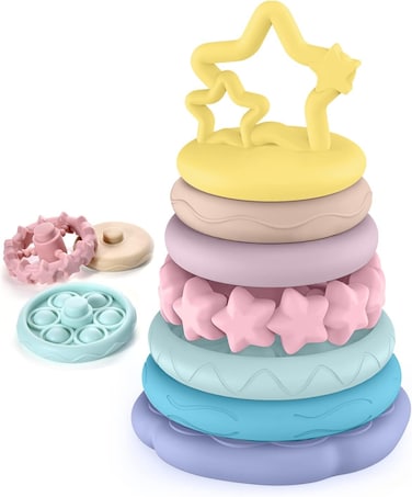 7 Pcs Stacking Toys Baby Toys, Toddler Montessori Sensory Soft Rings Stacker, Teething Infant Toy with Learning, Newborn Essentials Gifts for 6 9 12 18 Months One 1 Year Old Boys Girls