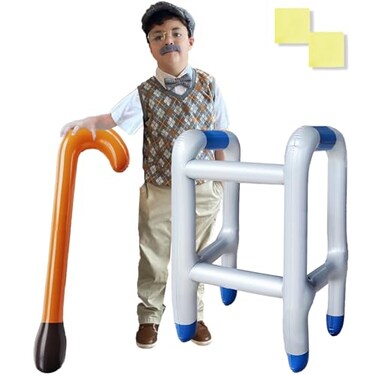2 Pcs Inflatable Walker and Cane Costume Prop Set,Old Age Lady Man Costume Accessories for 100th Day of School,Retirement Gag Gift Party Decor,Birthday,Kids with 2 Repair Stickers,Not for Small Child