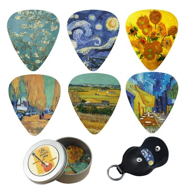 Guitar Picks - Cheliz 12 Medium Gauge Celluloid Guitar Picks In a Box W/Picks Holder. Unique Guitar Gift For Bass, Electric &amp; Acoustic Guitars (Van Gogh)
