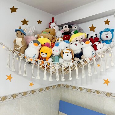 Large Stuffed Animal Net or Hammock, Boho Macrame Toy Hammock with LED Lights, Decorate Room Space Saving Pet Net for Stuffed Animals, Suitable for Nursery, Playroom, Kids Bedroom