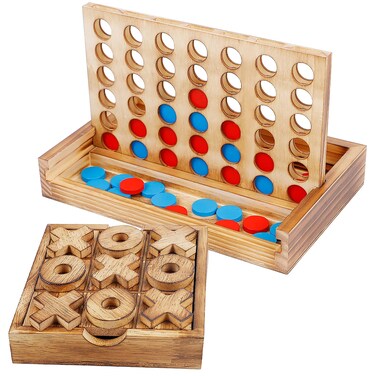 Glintoper Tic Tac Toe &amp; 4 in a Row Table Games Set - Rustic Decor Wood Strategy Board Games for Families