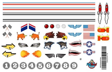 Pinewood Pete Pinewood Car Sticker Set - Made in USA - Peel &amp; Stick - Stripes, Numbers, Flags, Lights, and More.