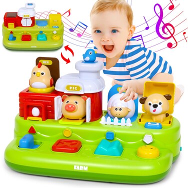 Interactive Pop Farm Animal Up Toys With Music Sounds Montessori Cause And Effect Toy for 1-3 Baby Boy Girl Toys Early Educational Musical Baby Toys Infant STEM Toy Gift 9-12-18 Months Babies Birthday