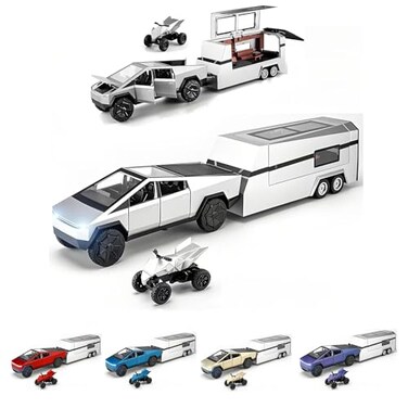 Cyber Toy Alloy Die-cast Truck Model with RV Motorcycle ATV and RV Race Car Pickup Display Model 1/32 Vehicle with Sound and Light Effect Gift for Kids Age for 6 Year Old and Up