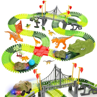 BEMITON Dinosaur Toys Race Car Track, Create a Dinosaur World Road Race, Flexible Dinosaur Track Toys Set, Christmas Birthday Gifts for 3 4 5 6 7 Years Old Boys Girls Kids