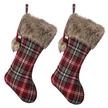 iPEGTOP 18" Christmas Stockings, Double Side Fabric Red and Black Plaid Buffalo Stocking with Faux Fur Cuff Socks Yarn Balls Santa Stockings Christmas Decorations, 2 Pack