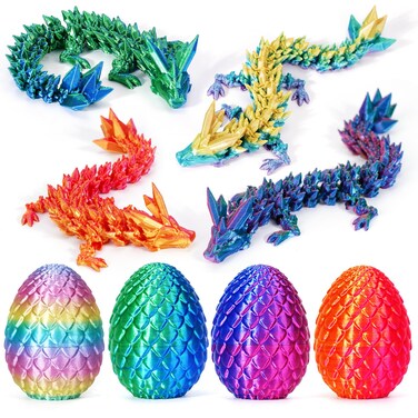 4PCS 3D Printed Dragon Eggs with Dragon Inside, Mini Mystery Dragon Egg Articulated Crystal Dragon Fidget Toy, Surprise 3D Printed Animals Toy Set (4-Piece Set-C)