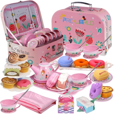 Tea Party Set for Little Girls,PRE-WORLD Princess Tea Time Toy Including Dessert,Cookies,Doughnut,Teapot Tray Cake, Tablecloth &amp; Carrying Case,Kids Kitchen Pretend Play for Girls Boys Age 3-6
