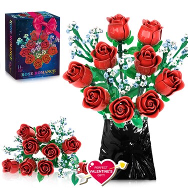 Valentines Artificial Flowers for Adults Rose Bouquet Building Set, Wildflowers Icon Flowers Botanical Collection Kits Compatible with Lego Flower, Valentines Day Gifts for Her Kids Women Girls