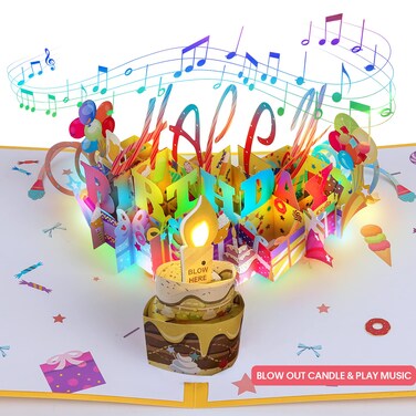 3D Musical Birthday Popup Card, Blowable/Blow Out LED Light Candle and Play Happy Birthday Music for Kids Men and Women