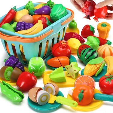 70 PCS Cutting Play Food Toy for Kids Kitchen, Pretend Fruit &amp;Vegetables Accessories with Shopping Storage Basket, Plastic Mini Dishes and Knife, Educational Toy for Toddler Children Birthday Gift