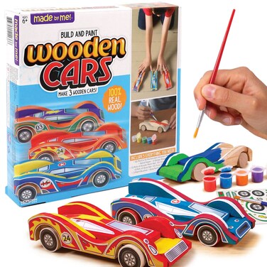 Made By Me Build &amp; Paint Your Own Wooden Cars by Horizon Group USA, DIY Wood Craft Kit, Easy to Assemble &amp; Paint 3 Race Cars, Multicolored