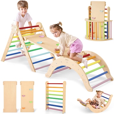 Belleur 7 in 1 Wood Pikler Triangle Set, Foldable Toddler Climbing Toys Indoor, Montessori Climbing Set with Ramp, Arch &amp; Climbing Triangle, Baby Climbing Gym, Indoor Playground for Kids - Rainbow