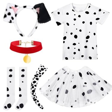 JcHrmers 7Pcs 101 Dalmatian Costume Shirt Tutu Skirt Dalmatian Headband Ears Tail Sockings Crayon and Choker Accessories (5-7Years)