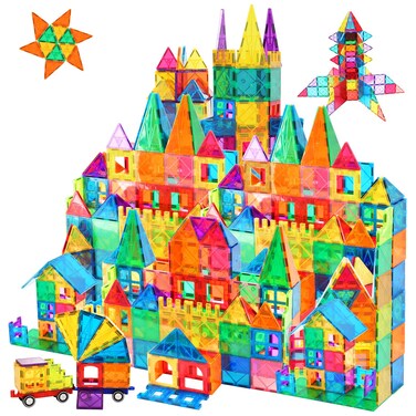 AFUNX Magnetic Tiles,102PCS Magnetic Building Blocks 3D Clear Construction Playboards, Inspiration, Creativity Beyond Imagination, Educational Magnet Toy Set for Kids with 2 Cars