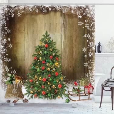 Ambesonne Christmas Shower Curtain, Pine Tree with Present Boxes on Snowy Board Xmas at Countryside Theme, Cloth Fabric Bathroom Decor Set with Hooks, 69" W x 70" L, Green White Brown