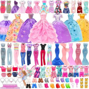 57 PCS Doll Clothes and Accessories 3 Wedding Gowns 3 Tops 3 Pants 3 Fashion Dresses 1 Evening Dresses 2 Swimsuits Bikini 6 Braces Skirt 10 Hangers 15 Shoes and 14 Accessories Toys for 11.5 inch Doll