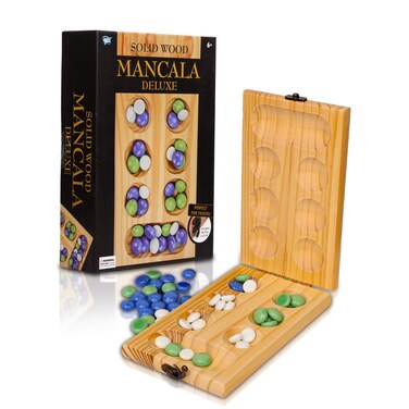 Point Games Solid Wood Deluxe Mancala - Folding Board Game w Metal Latch and Glass Marbles- Portable Strategy Travel Game - Recommended Ages 6+