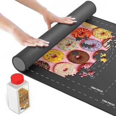 Rubber Puzzle Mat, Roll Up Puzzle Board for Jigsaw Puzzles - 1500 Pieces Protector, Saver, Organizer, Non-Slip Rubber Bottom, Foam Rolling Tube, Polyester Top w/Storage Bag + Bonus Puzzle Glue