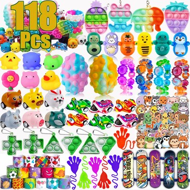 118 Pcs Party Favors for Kids, Pop Fidget Toys, Treasure Box Toys, Classroom Prizes, Pinata Filler Goodie Bag Stuffers, Treasure Chest, Carnival Prize Box Toys for Boys Girls 4-8-12