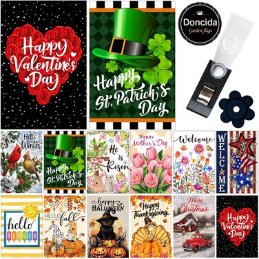 Doncida Seasonal Garden Flag Set of 12 Double Sided 12x18 Inch, Small Yard Flags for the Entire Year, Holiday Christmas Garden Flag Set for Outside Decor, with Free Anti-Wind Clip and Stopper