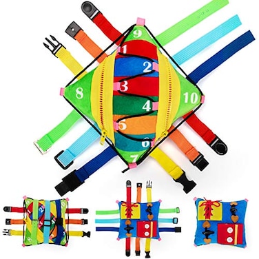 teytoy Sensory Buckle Pillow Toys for Toddlers,Travel Toys for Toddlers 1-3 Learning Fine Motor Skill &amp; Problem Solving,Montessori Sensory Fidgets for Kids Threading Counting Zipper-12 Basic Skill