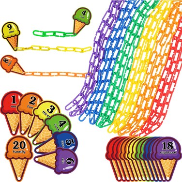 Chain Link Math Manipulatives - 240 C Clips Plastic Chain Links &amp; 20 Ice Cream Cards for Counting &amp; Linked Math Game - Learning Resources for Kindergarten Sensory Bin Math Links Counting Toy
