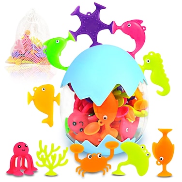 Suction Bath Toys for Kids, 18 Pcs Silicone Ocean Animal Suction Cup Toys with Eggshell &amp; Bag, No Hole Mold Free Bath Toy, Sensory Window Building Toys for Toddlers Boys Girls 3 4 5 6 Year Old