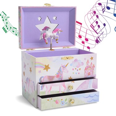 Jewelkeeper Jewelry Box for Girls with 2 Drawers - Unicorn Music Box with Glitter Rainbow and Stars - Beautiful Dreamer Tune - Kids Jewelry Box
