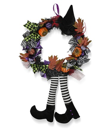 Skeleteen Happy Halloween Witch Wreath - Large 42" Front Door Hanging Witchy Decorations with Pumpkins, Maple Leaves, Witch Hat and Witch Legs Wreath