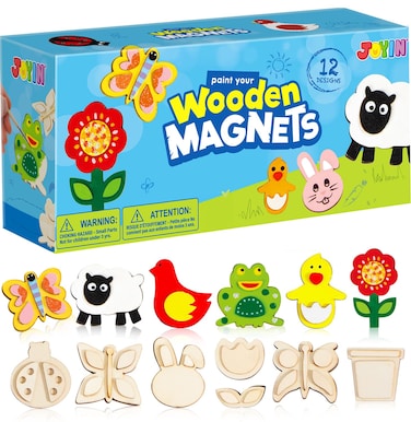 JOYIN 12 Wooden Magnet Creativity Arts &amp; Crafts Painting Kit for Kids, Decorate Your Own Painting Gift for Easter Basket Stuffers, Birthday Parties and Family Crafts, Party Favors for Boys Girls