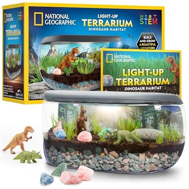 NATIONAL GEOGRAPHIC Light Up Terrarium Kit for Kids - Build a Dinosaur Habitat with Real Plants &amp; Gemstones, Science Kit Gift for Boys &amp; Girls, Dinosaur Toys for Kids (Amazon Exclusive)
