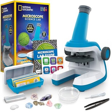 National Geographic Microscope for Kids - Science Kit with an Easy-to-Use Kids Microscope, Up to 400x Zoom, Blank and Prepared Slides, Gifts for 6 7 8 9 &amp; 10, STEM Project Toy (Amazon Exclusive)