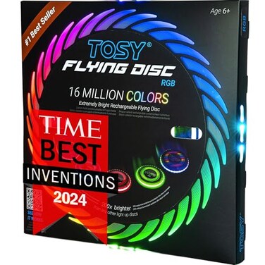 TOSY Flying Disc - 16 Million Color RGB or 36 or 360 LEDs, Extremely Bright, Smart Modes, Auto Light Up, Rechargeable, Perfect Birthday &amp; Camping Gift for Men/Boys/Teens/Kids, 175g frisbees