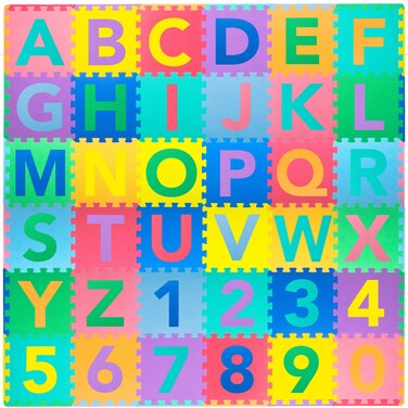 ProSource Kids Puzzle Alphabet, Numbers, 36 Tiles and Edges Play Mat, 12"x12", Abc &amp; 123