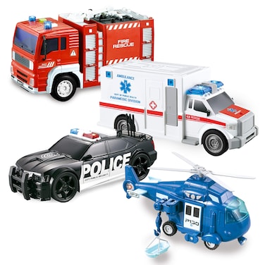 JOYIN 4 Packs Emergency Vehicle Toy Playsets, Friction Powered Vehicles with Light and Sound, Including Fire Truck, Ambulance, Play Police Car and Helicopter, Christmas Toddler Kids Boys Gifts
