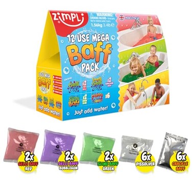 12 Use Mega Value Baff Pack from Zimpli Kids, 4 x Gelli Baff, 2 x Slime Baff &amp; 6 x Crackle Baff, Children's Sensory &amp; Bath Toy, Birthday Presents for Boys &amp; Girls, Certified Biodegradable Gift