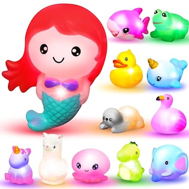 JOYIN 12 PCS Light Up Bath Toys, Toddler Flashing Colourful LED Bathtub Mermaid Toy, Baby Bathtime Floating Rubber Shower Gifts for Infant Kids Boy Girl Birthday Valentines Swimming Pool Party