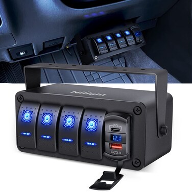 Nilight 4 Gang Rocker Switch Box 12V SPST ON Off Switch PD Type C and QC 3.0 USB Charger Voltmeter Waterproof Aluminum Rocker Switch Panel DIY Stickers for Boats Cars RVs Trucks