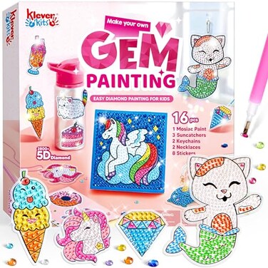 Klever Kits 16 Projects Gem Painting, Kids Diamond Gem Painting Kit with 5D Gem, Arts and Crafts for Girls Ages 6-12, Gem Craft Activities Kits, Premium Art Gift Ideas for Girls Ages 6, 7, 8+