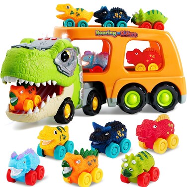 JOYIN Dinosaur Truck Toys for Kids, Kids Toys Boys Age 3 4 5, Dinosaur Car Carrier Truck Toy with 6 Rubber Car Vehicles, Toddler Birthday Gifts with Music &amp; Lights for 3 4 5 Year Old Boys