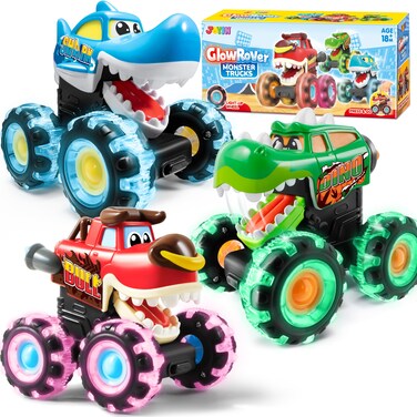 JOYIN 3 Pack Monster Truck Toy - Motion Activated Light-Up Cars for Toddlers - Monster Treads Lightning Wheels - Baby Toy Present - Press &amp; Go Cars for Boys Girls