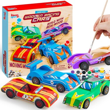 Klever Kits 4 DIY Wooden Race Cars-Build &amp; Paint Your Own Wood Craft Kit, 4 Race Cars Toy, Easy to Assemble Arts Crafts Kit, Birthday Party Presents for Kids Boys Ages 6 and Up