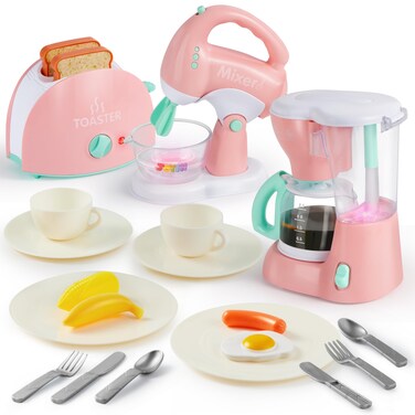 Joyin Play Kitchen Toys, Pretend Play Kitchen Appliances Toy Set with Coffee Maker, Mixer, Toaster with Realistic Lights&amp; Sounds, Birthday Gift for Kids Ages 3+, Pink